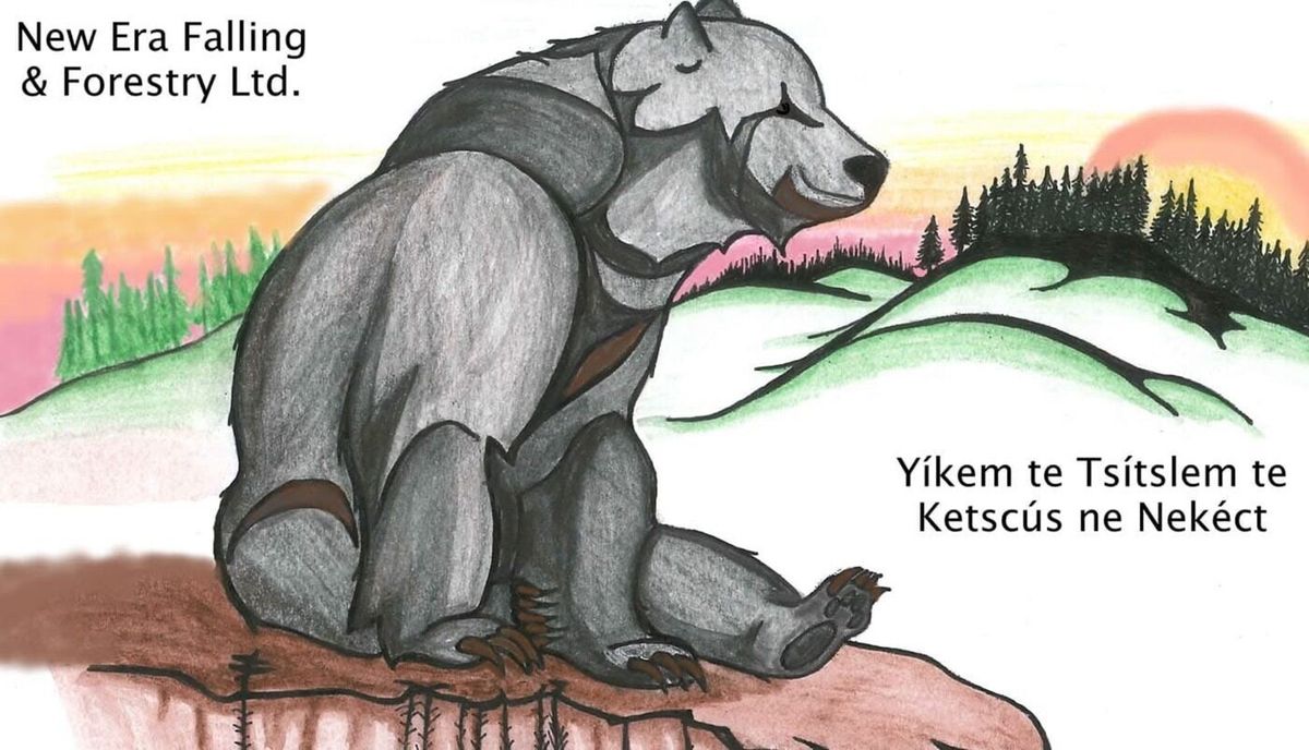 New Era Falling & Forestry logo: a grizzly bear seated on a rock above a forested valley at sunset
